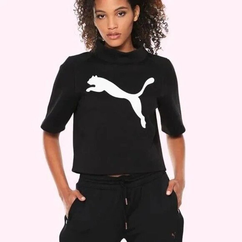 PUMA Evostripe Crop Sweatshirt Tee Logo T-Shirt Mock Neck Gray Athleisure M